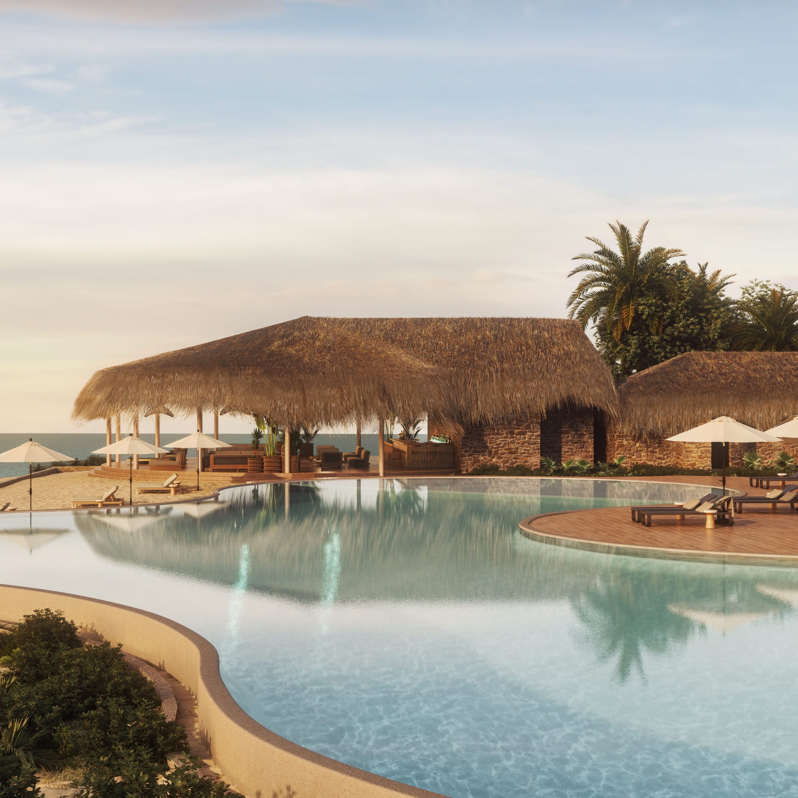 Imagen renderizada de la piscina principal del Hotel Bawe Island en Zanzíbar
