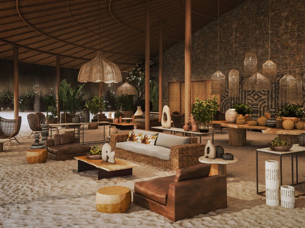Imagen renderizada de la recepción del Hotel Bawe Island en Zanzíbar