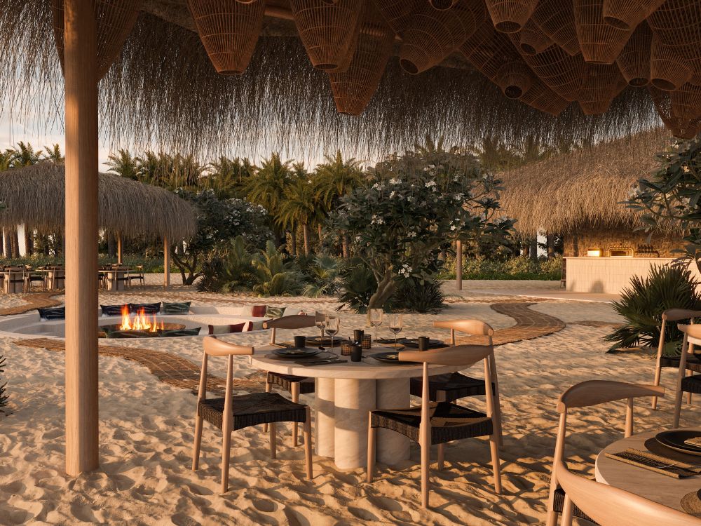 Imagen renderizada de un restaurante principal del Hotel Bawe Island en Zanzíbar