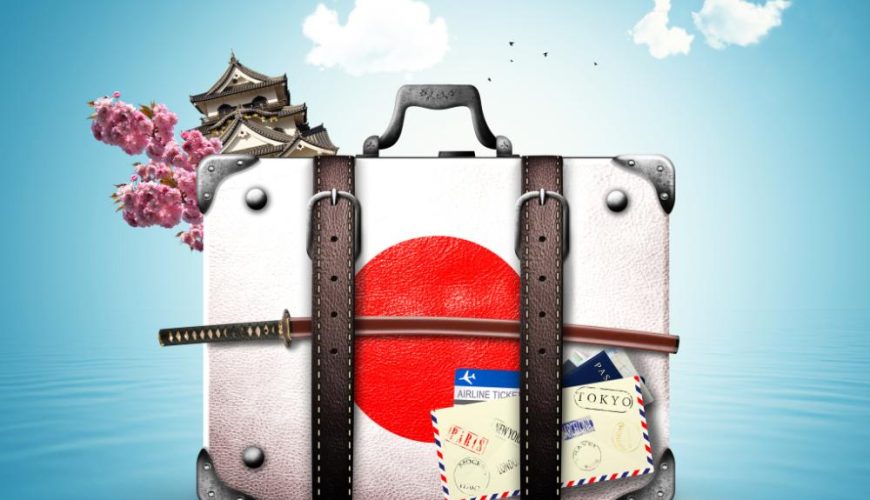 Maleta con la bandera de Japón para promocionar el vuelo directo Madrid-Japón